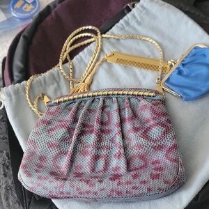 Judith Leiber Pink and Blue Clutch with Gold Accents